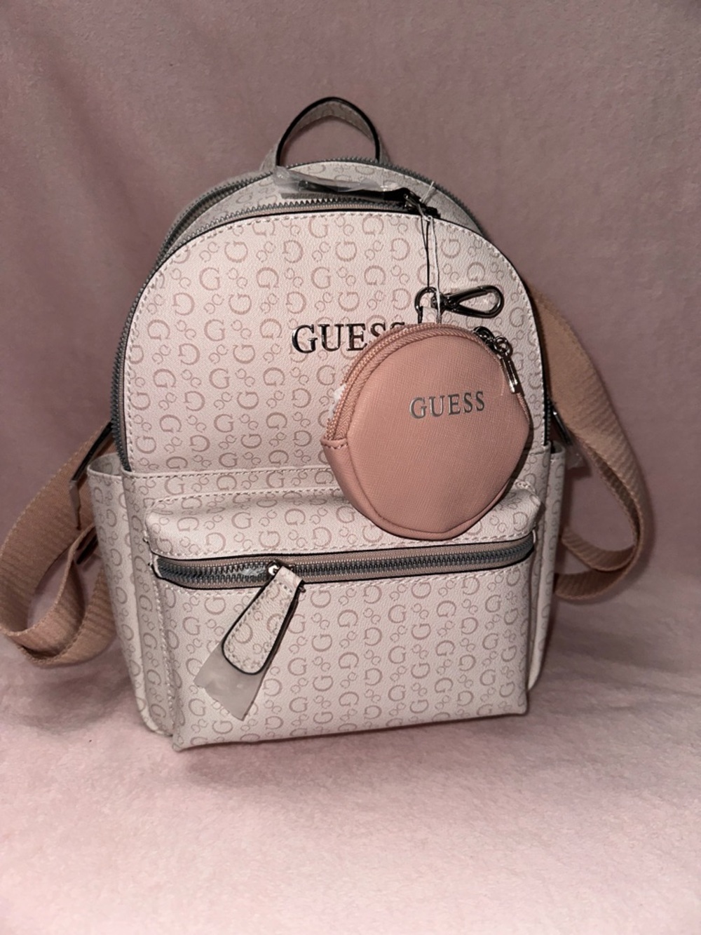 GUESS Pale Pink Logo Mini Backpack with Round Coin Pouch